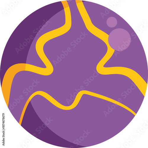 Round purple planet with golden rivers, craters and atmosphere, representing a fictional celestial body in outer space