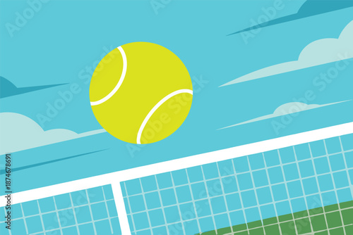 Dynamic Tennis Ball Over Net on a Sunny Day, sports action concept