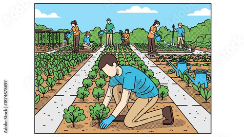 Community gardening scene with people tending plants in allotment