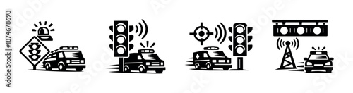 Traffic control vector icons set: police, signals, radar, surveillance, alert symbols