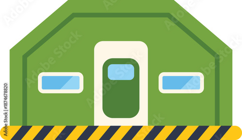 Green tent or mobile hospital building with windows and caution tape, suggesting a military or emergency medical facility