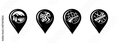 Navigation and location vector icons set: map markers, road symbols, travel signs