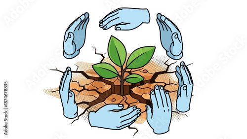 Hands sheltering plant on cracked earth: symbol of environmental protection