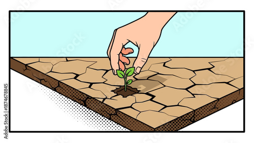 Pop art hand planting sapling in dry cracked earth scene