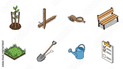 Garden tools and accessories in isometric design for landscaping projects