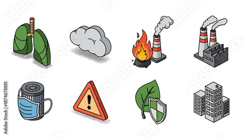 Environmental awareness icons: lungs, pollution, fire, factory, mask, warning, leaf, shield, building