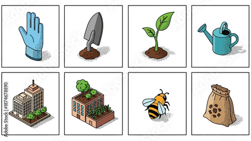 Isometric gardening and urban farming icons with gloves, tools, and bees