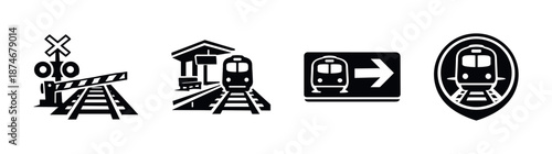 Train transport vector icons set, railway symbols and subway signs collection