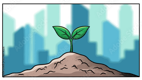 Urban growth: young plant in a vibrant cityscape