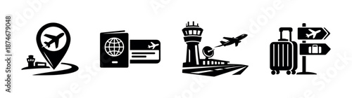 Travel vector icons set: airport, luggage, passport, airplane, journey symbols