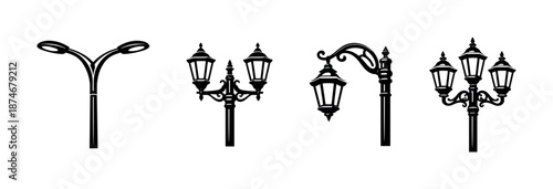Street lamp vector icons set: classic, vintage, urban light designs collection