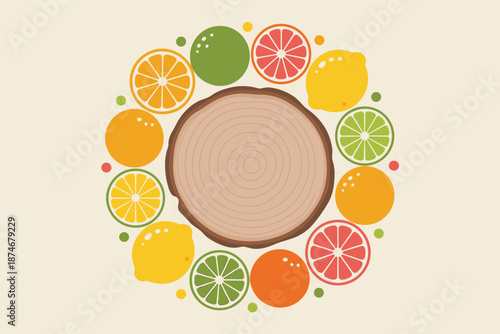 Vibrant Citrus Fruits Arranged Around a Wooden Log Slice, fresh produce concept
