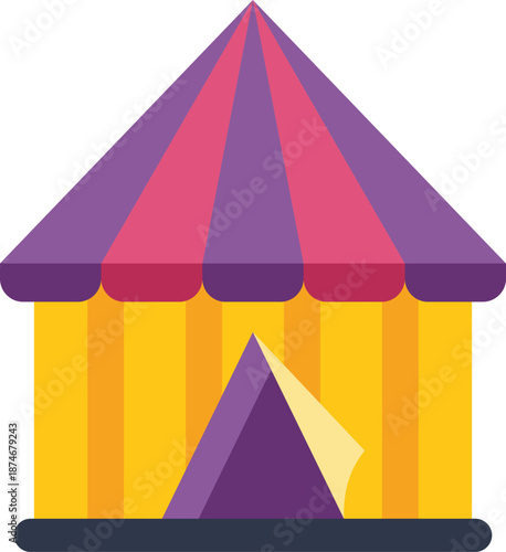 Vibrant circus tent stands tall, ready for a show, with its striped awning and pointed purple canopy, capturing the excitement and magic of the circus