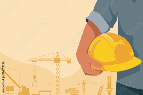 Construction Worker Holding Hard Hat at Building Site, workplace safety concept