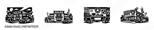 Police station vector icons set with vehicles and buildings in flat style