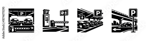 Parking symbol vector icons set: garage, lot, sign, vehicle, monochrome