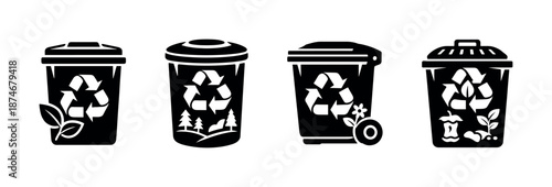 Recycling bin vector icons set: eco-friendly symbols, waste management designs