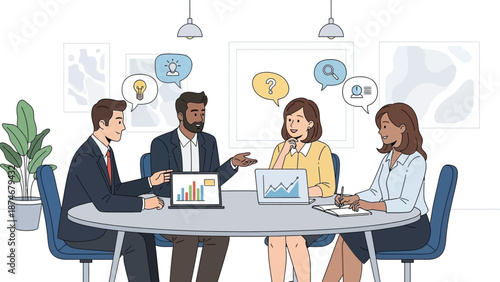 Business people collaborate during a productive meeting, exchanging ideas and analyzing data, depicted in a modern cartoon.