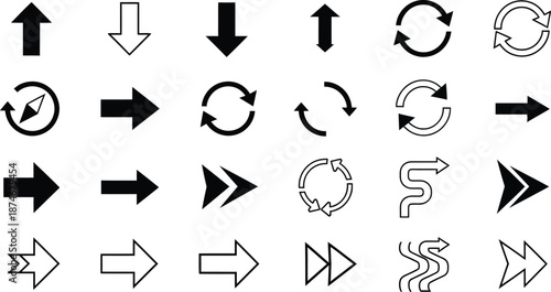 Arrows and navigation symbols are presented in a versatile collection of black and white vector icons suitable for various.