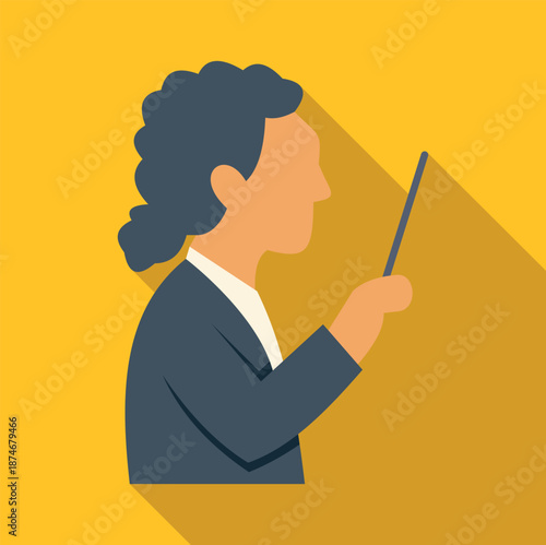 Conductor icon directing with a baton featuring a long shadow effect