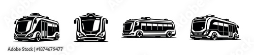 Vector icons set of modern buses, black and white vehicle symbols, flat design
