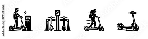 Electric scooter vector icons set featuring charging, parking, and rider symbols