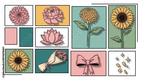 Pop art flower and bow collection with retro comic style panels