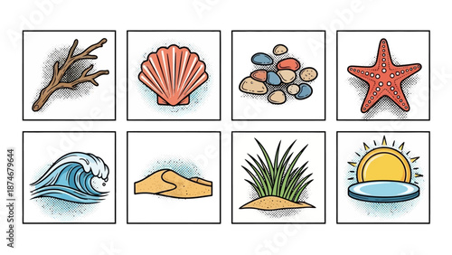 Vintage beach icons collection featuring shells, starfish, and ocean waves