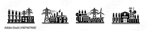 Energy and power vector icons set. electricity, solar, wind, industrial symbols.