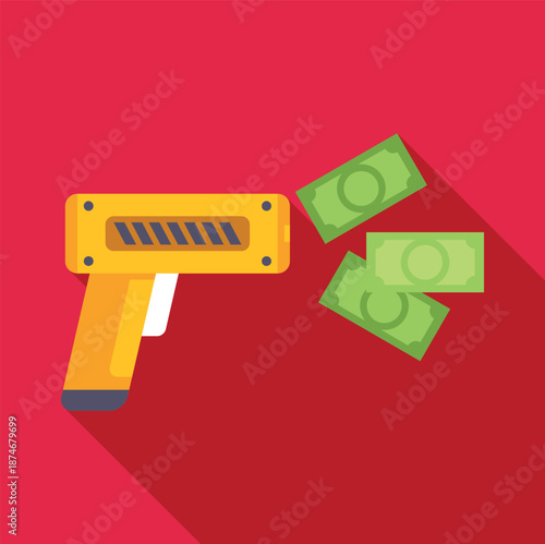 Money gun device shooting out green paper cash bills for wealth and spending