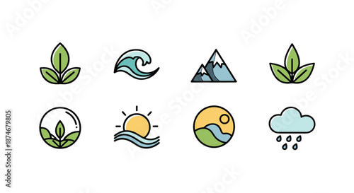 Vibrant set of abstract nature-themed icons, featuring stylized leaves, waves, mountains, sun, river, and rain cloud, presented as clean vector cartoon illustrations on a white background, perfect