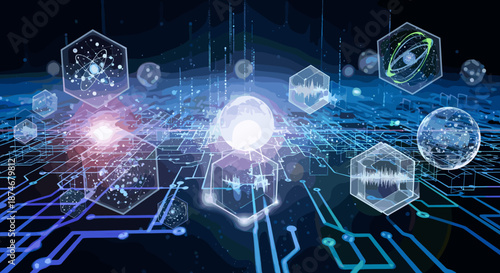 Abstract high technology and science background with glowing digital circuits, atomic structures, sound waves, and spherical data visualizations, representing innovation, connectivity, and the future