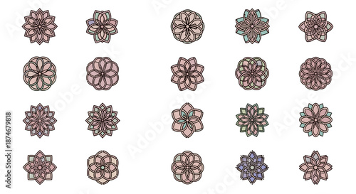 A collection of 20 abstract floral logos and icons, perfect for beauty salons, spas, or wellness brands. These stylized flower designs feature delicate petal arrangements in soft pastel colors