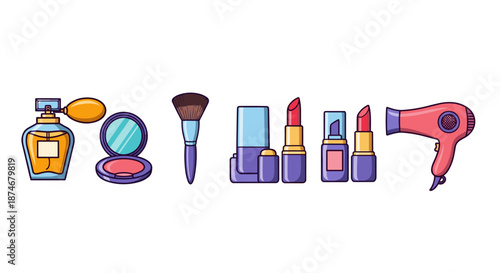 Vibrant collection of beauty icons, including a perfume bottle, compact mirror with blush, makeup brush, lipsticks, and a hairdryer, presented in a clean, modern cartoon vector style, perfect for