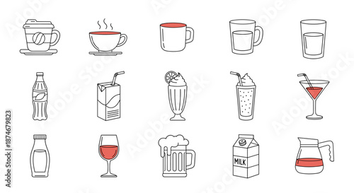 A diverse collection of 15 line art beverage icons, featuring coffee cups, juice boxes, milk cartons, beer mugs, wine glasses, cocktails, milkshakes, and carafes, perfect for graphic and web design
