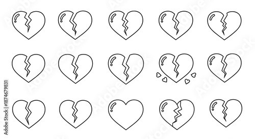 Set of 15 broken heart outline symbols, perfect for graphic and web design, apps, adverts, and various cards. This vector cartoon illustration features a clean white background, offering versatile