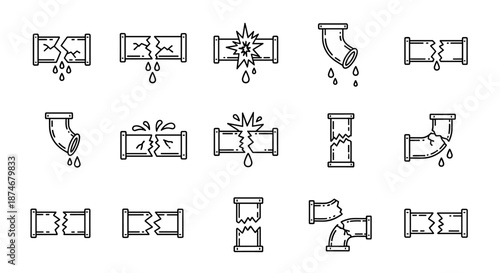 Set of broken pipe icons with water leaks, representing plumbing issues, damage, and repair needs. This editable stroke vector cartoon illustration is perfect for UI elements, placards, books, apps