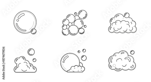 A collection of six simple, hand-drawn vector illustrations of bubbles and foam, presented in a clean, thin-line style on a white background. The set includes individual bubbles, clusters of bubbles