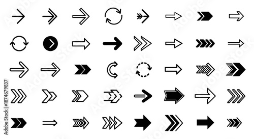 Collection of black arrow icons and symbols, including simple pointers, double arrows, circular arrows, and directional indicators, presented in a clean, ordered line icon set on a white background