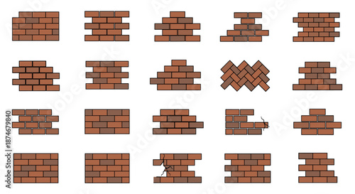 Collection of diverse brick wall patterns and textures, including standard bricklaying, herringbone, and cracked sections, presented as flat vector illustrations on a clean white background, ideal