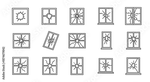 Set of minimalistic thin line icons representing various types of broken windows, shattered glass effects, and cracked panes, perfect for web, graphic design, apps, banners, social networks, and