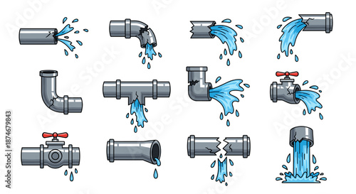 Collection of cartoon vector illustrations depicting various broken pipes and water leaks, isolated on a white background. These graphics showcase different types of pipe damage, including cracks and