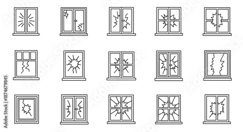 Collection of minimalistic linear pictograms depicting various types of broken windows, showcasing shattered glass effects and cracks, ideal for web, graphic design, apps, banners, social networks