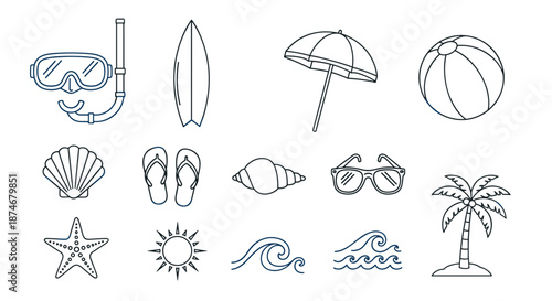 Collection of summer vacation and beach-themed line icons, including a diving mask, snorkel, surfboard, beach umbrella, beach ball, seashell, starfish, flip-flops, sunglasses, palm tree, and ocean