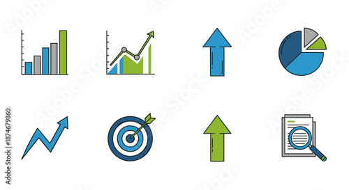 Set of business chart icons and symbols for data analysis and financial presentation, including bar graphs, line charts, upward arrows, pie charts, target with arrow, and magnifying glass over