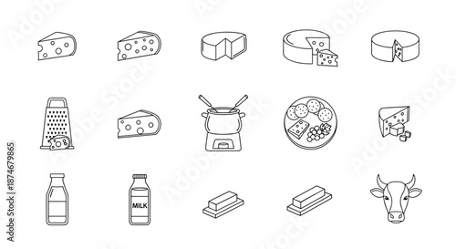 A comprehensive collection of minimalistic line icons representing various cheese types, dairy products, and related items, perfect for web design, app interfaces, social media graphics, banners, and