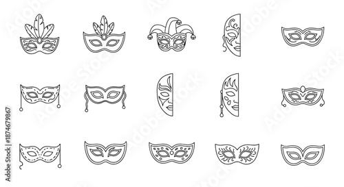 Collection of 15 Carnival Masks, Thin Line Icons, Editable Stroke, Suitable for Web Sites, Books, Cards, Apps, Vector Cartoon Illustration on a White Background, Representing Masquerade and