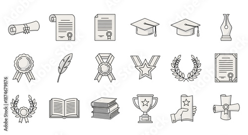 Collection of thin line icons representing diplomas, certificates, graduation caps, medals, trophies, books, and a quill pen, perfect for educational or achievement-themed designs across web, apps