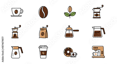 A collection of modern outline-style vector cartoon illustrations of coffee-related items on a white background, featuring a coffee cup, bean, plant, grinders, bags, French press, carafe, takeaway