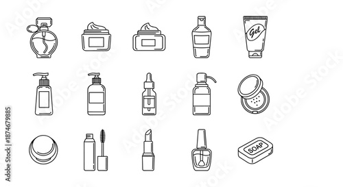 Collection of cosmetic and beauty product line icons, including perfume bottle, cream jars, shampoo dispenser, gel tube, serum dropper, makeup compact, lipstick, mascara, nail polish, and soap bar